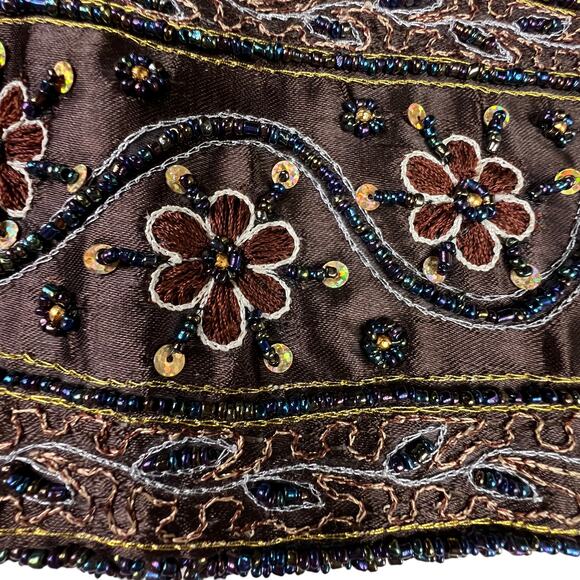 K&K VTG Table Tops Chocolate Brown Satin Floral Embroidered Sequin Shoulder Bag - Picture 8 of 13